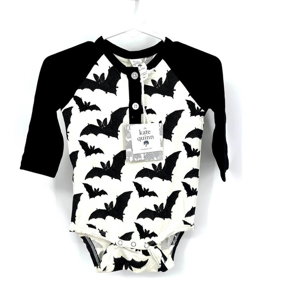 KATE QUINN Halloween Black Bat Bamboo Long Sleeve Baseball Henley 6-12M NEW - Picture 1 of 5